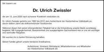 Traueranzeige von Dr. Ulrich  Zwissler von Heidenheimer Zeitung