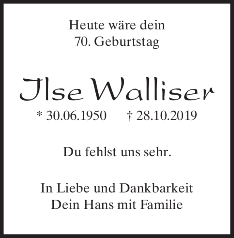 Traueranzeige für Ilse Walliser vom 30.06.2020 aus Heidenheimer Zeitung