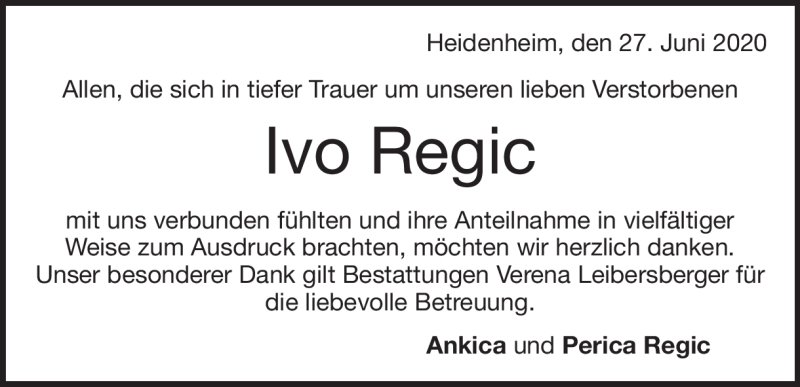  Traueranzeige für Ivo Regic vom 27.06.2020 aus Heidenheimer Zeitung