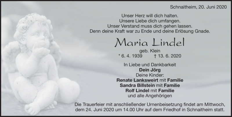  Traueranzeige für Maria Lindel vom 20.06.2020 aus Heidenheimer Zeitung