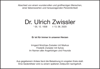 Traueranzeige von Dr. Ulrich  Zwissler von Heidenheimer Zeitung