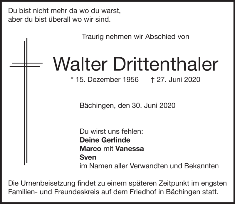  Traueranzeige für Walter Drittenthaler vom 30.06.2020 aus Heidenheimer Zeitung