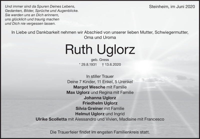  Traueranzeige für Ruth Uglorz vom 17.06.2020 aus Heidenheimer Zeitung