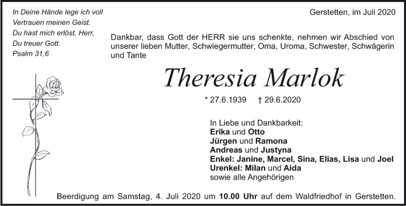  Traueranzeige für Theresia Marlok vom 02.07.2020 aus Heidenheimer Zeitung