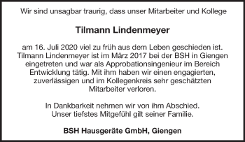 Traueranzeige von Tilmann Lindenmeyer von Heidenheimer Zeitung