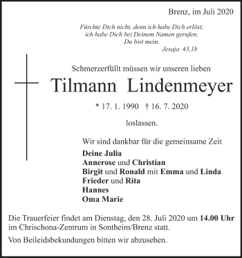 Traueranzeige von Tilmann Lindenmeyer von Heidenheimer Zeitung