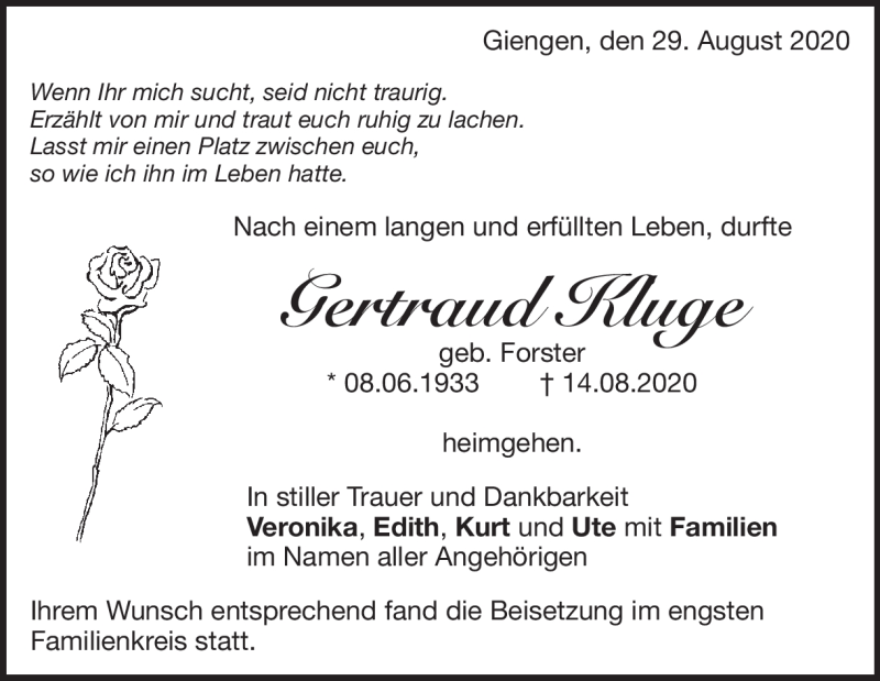  Traueranzeige für Gertraud Kluge vom 29.08.2020 aus Heidenheimer Zeitung