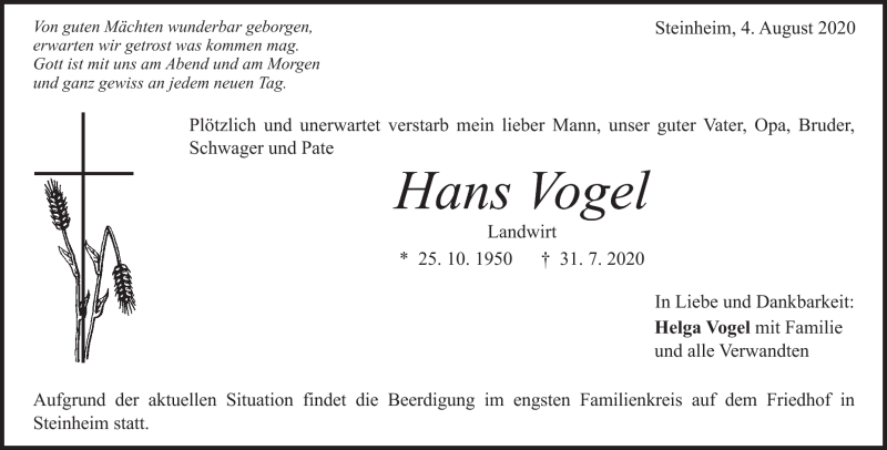  Traueranzeige für Hans Vogel vom 04.08.2020 aus Heidenheimer Zeitung