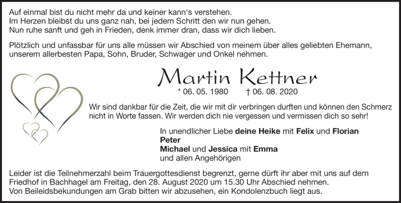  Traueranzeige für Martin Kettner vom 22.08.2020 aus Heidenheimer Zeitung