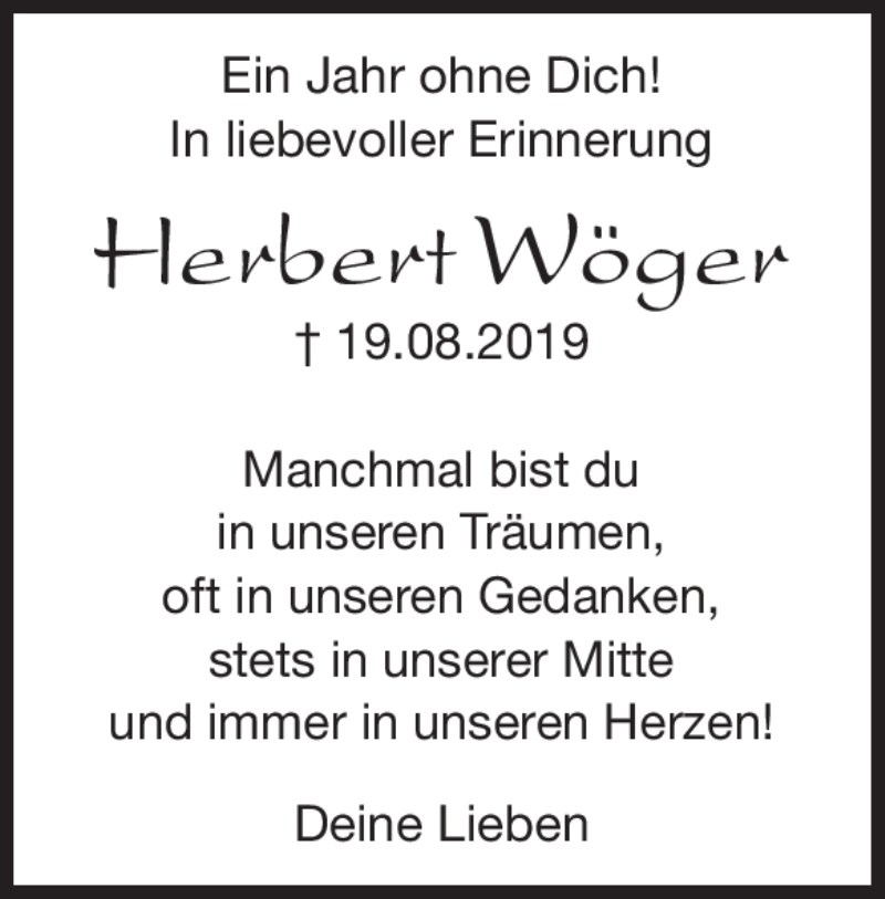  Traueranzeige für Herbert Wöger vom 19.08.2020 aus Heidenheimer Zeitung