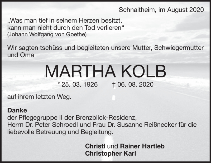  Traueranzeige für Martha Kolb vom 22.08.2020 aus Heidenheimer Zeitung