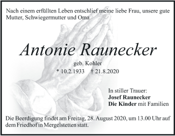 Traueranzeige von Antonie Raunecker von Heidenheimer Zeitung