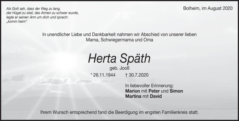  Traueranzeige für Herta Späth vom 03.08.2020 aus Heidenheimer Zeitung