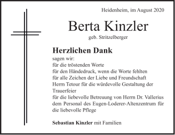 Traueranzeige von Berta Kinzler von Heidenheimer Zeitung