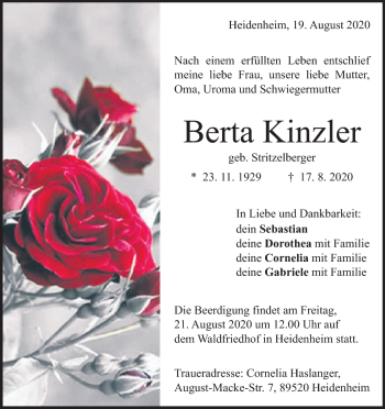 Traueranzeige von Berta Kinzler von Heidenheimer Zeitung