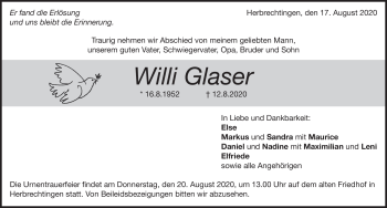 Traueranzeige von Willi Glaser von Heidenheimer Zeitung