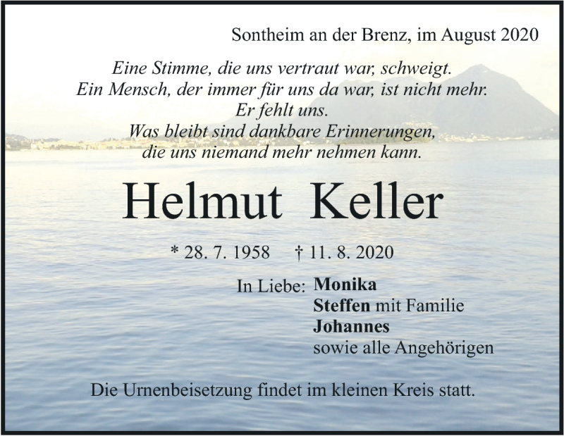  Traueranzeige für Helmut Keller vom 15.08.2020 aus Heidenheimer Zeitung