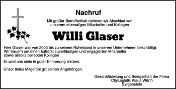 Traueranzeige von Willi Glaser von Heidenheimer Zeitung