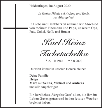 Traueranzeige von Karl Heinz Tschetschelka von Heidenheimer Zeitung