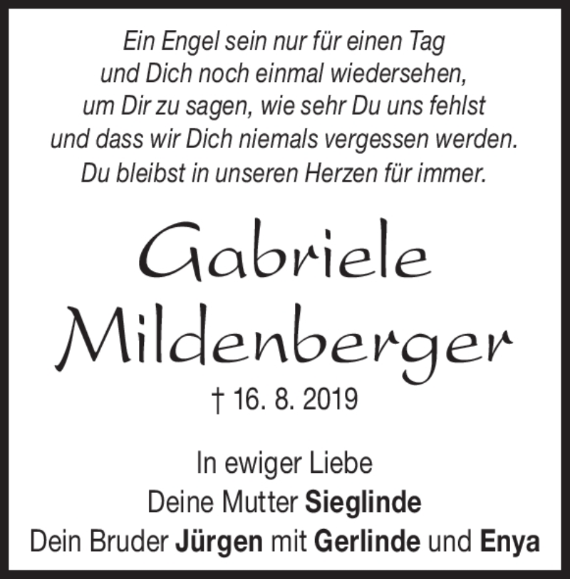  Traueranzeige für Gabriele Mildenberger vom 15.08.2020 aus Heidenheimer Zeitung
