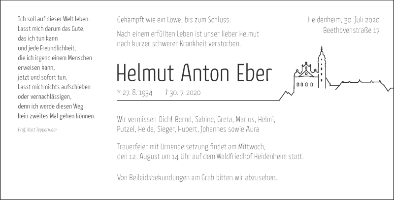  Traueranzeige für Helmut Anton Eber vom 05.08.2020 aus Heidenheimer Zeitung