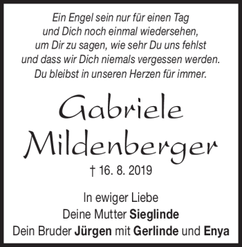 Traueranzeige von Gabriele Mildenberger von Heidenheimer Zeitung