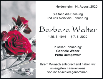 Traueranzeige von Barbara Waltet 