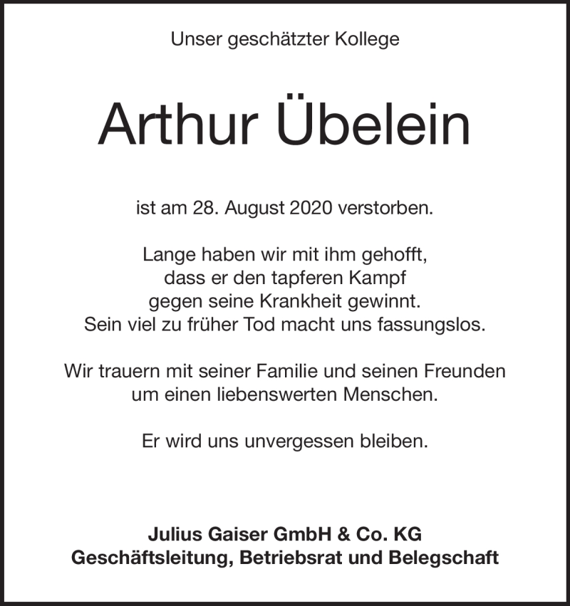  Traueranzeige für Arthur Übelein vom 05.09.2020 aus Heidenheimer Zeitung