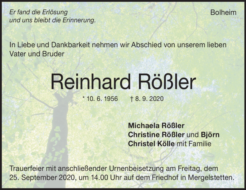  Traueranzeige für Reinhard Rößler vom 19.09.2020 aus Heidenheimer Zeitung