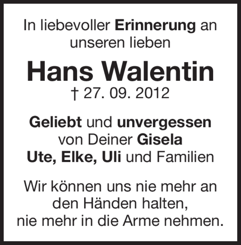  Traueranzeige für Hans Walentin vom 26.09.2020 aus Heidenheimer Zeitung