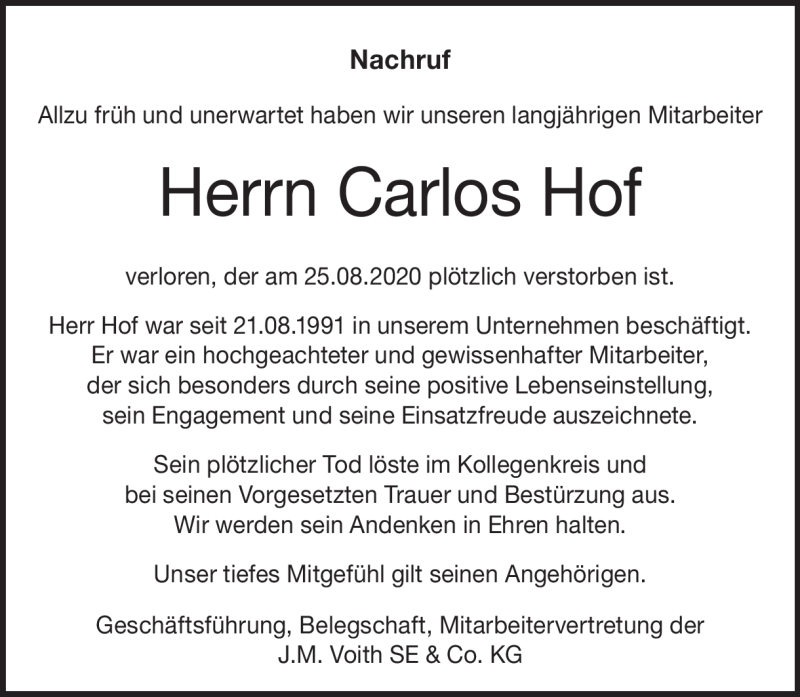  Traueranzeige für Carlos Hof vom 05.09.2020 aus Heidenheimer Zeitung