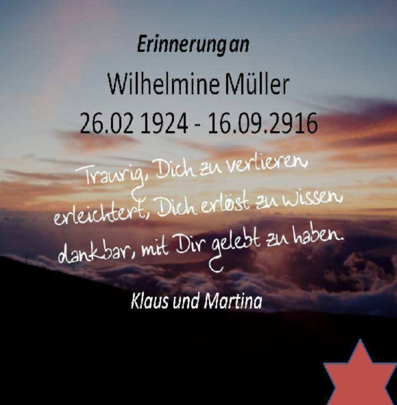  Traueranzeige für Wilhelmine Müller vom 16.09.2020 aus Heidenheimer Zeitung