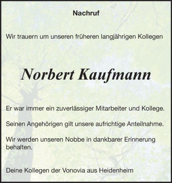 Traueranzeige von Norbert Kaufmann von Heidenheimer Zeitung