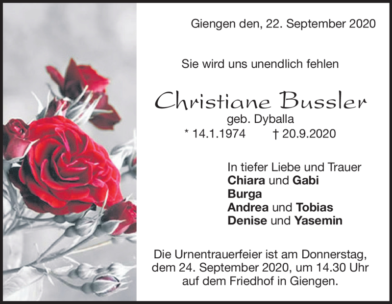  Traueranzeige für Christiane Bussler vom 22.09.2020 aus Heidenheimer Zeitung