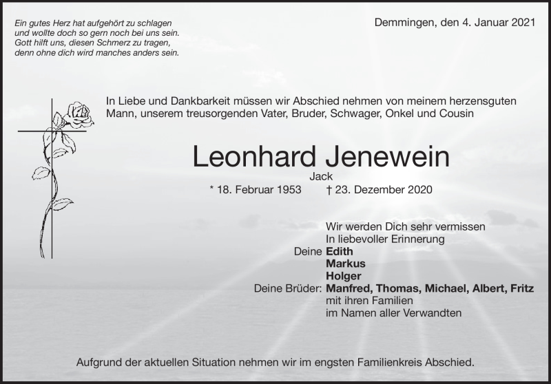  Traueranzeige für Leonhard Jenewein vom 04.01.2021 aus Heidenheimer Zeitung