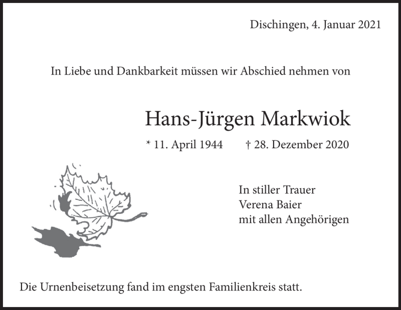  Traueranzeige für Hans-Jürgen Markwiok vom 04.01.2021 aus Heidenheimer Zeitung