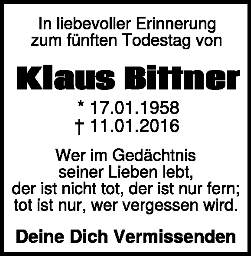  Traueranzeige für Klaus Bittner vom 11.01.2021 aus Heidenheimer Zeitung