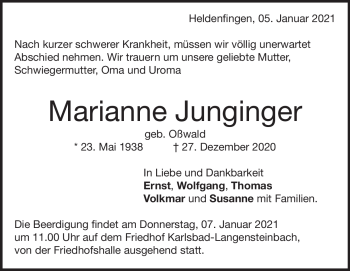 Traueranzeige von Marianne Junginger von Heidenheimer Zeitung