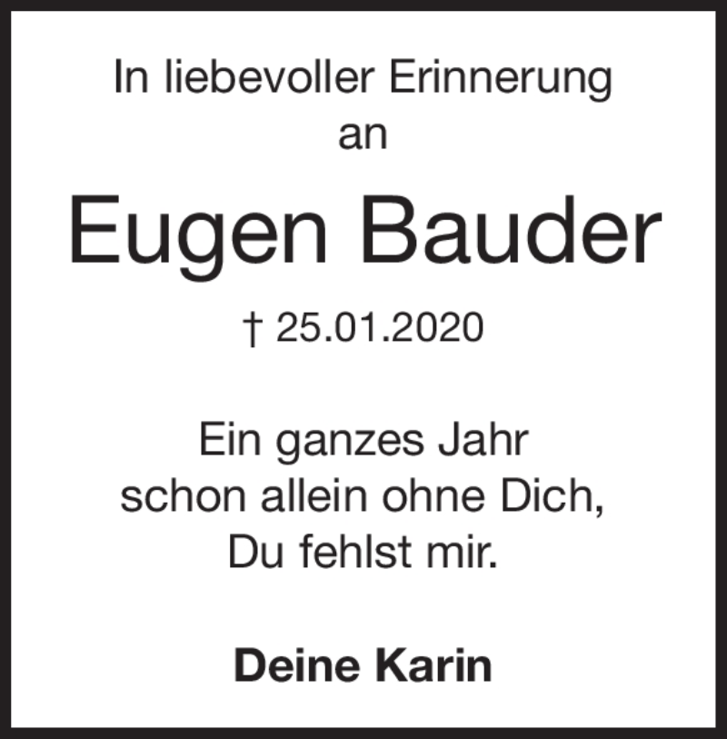  Traueranzeige für Eugen Bauder vom 25.01.2021 aus Heidenheimer Zeitung