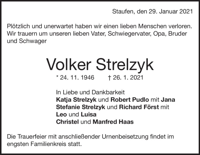  Traueranzeige für Volker Strelzyk vom 29.01.2021 aus Heidenheimer Zeitung