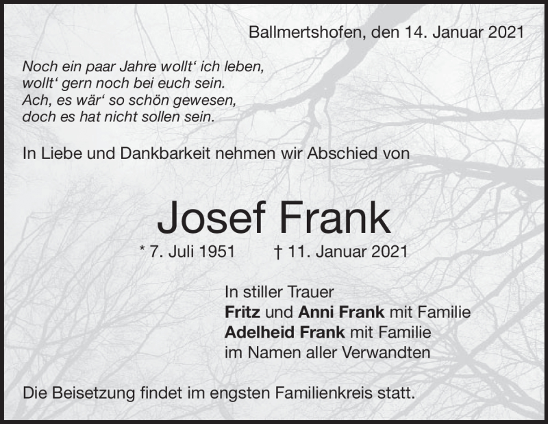  Traueranzeige für Josef Frank vom 14.01.2021 aus Heidenheimer Zeitung