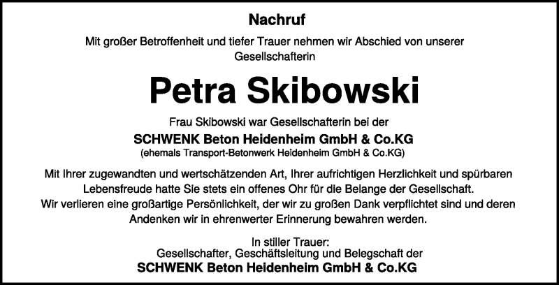  Traueranzeige für Petra Skibowski vom 05.01.2021 aus Heidenheimer Zeitung