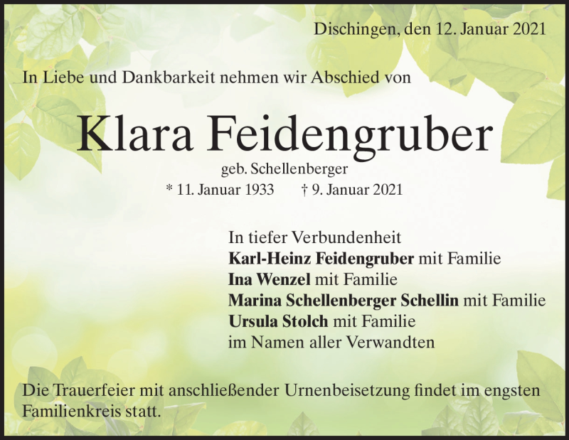  Traueranzeige für Klara Feidengruber vom 12.01.2021 aus Heidenheimer Zeitung