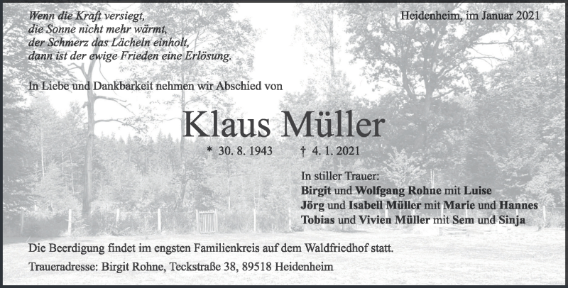  Traueranzeige für Klaus Müller vom 09.01.2021 aus Heidenheimer Zeitung