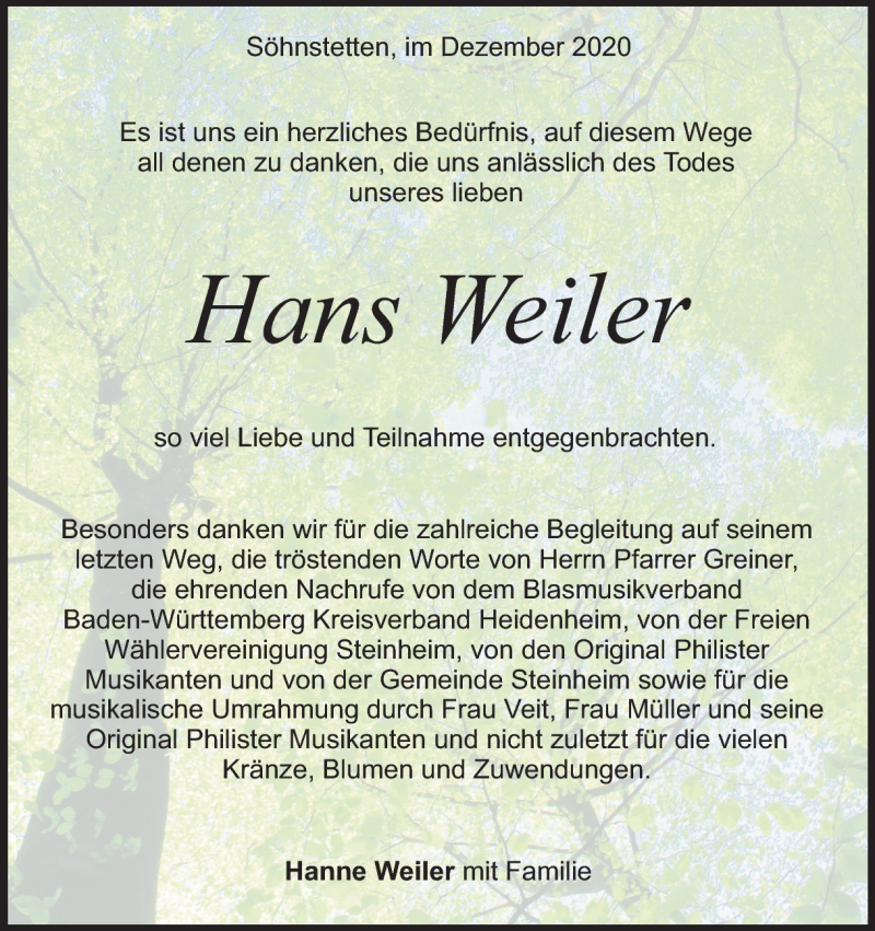  Traueranzeige für Hans Weiler vom 05.01.2021 aus Heidenheimer Zeitung