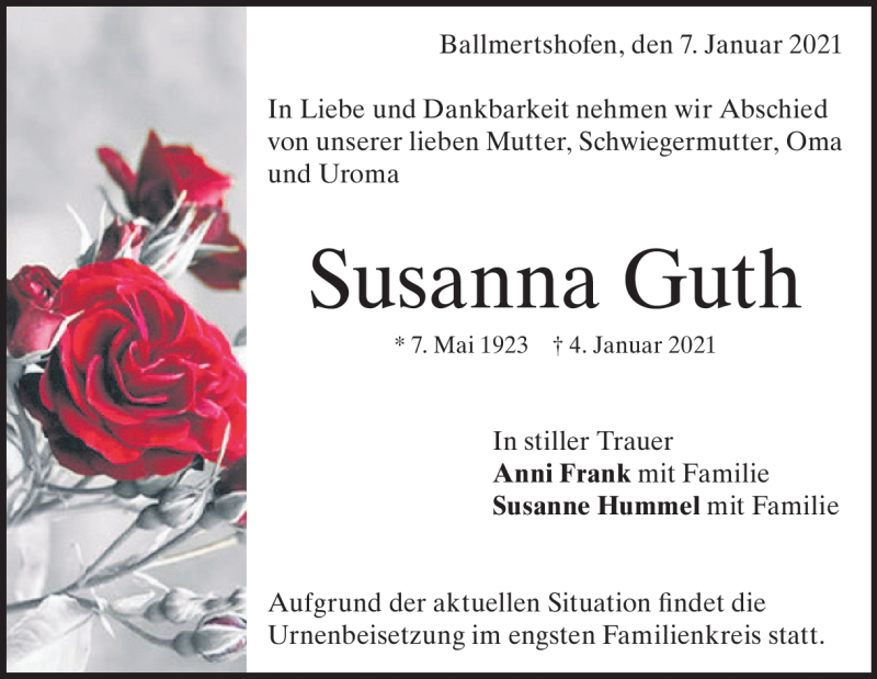  Traueranzeige für Susanna Guth vom 07.01.2021 aus Heidenheimer Zeitung