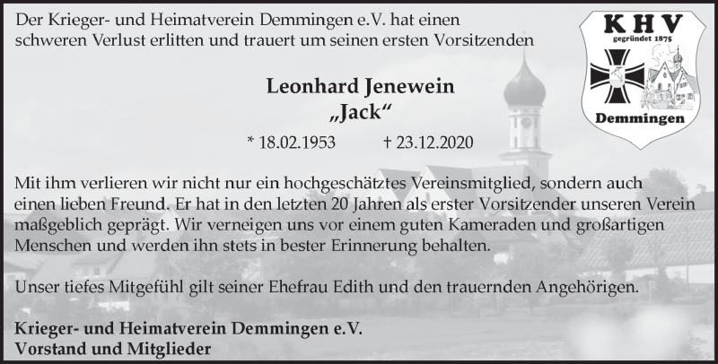  Traueranzeige für Leonhard Jenewein vom 08.01.2021 aus Heidenheimer Zeitung