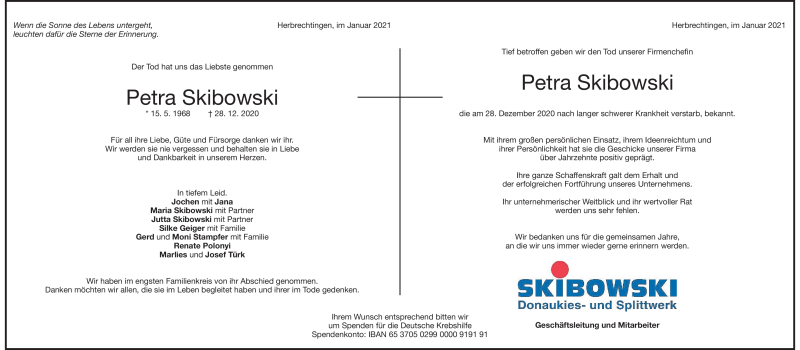  Traueranzeige für Petra Skibowski vom 04.01.2021 aus Heidenheimer Zeitung