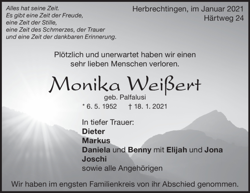  Traueranzeige für Monika Weißert vom 28.01.2021 aus Heidenheimer Zeitung