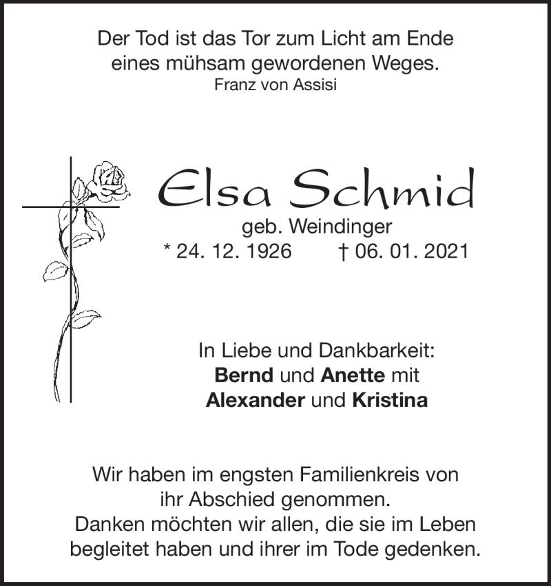  Traueranzeige für Elsa Schmid vom 12.01.2021 aus Heidenheimer Zeitung